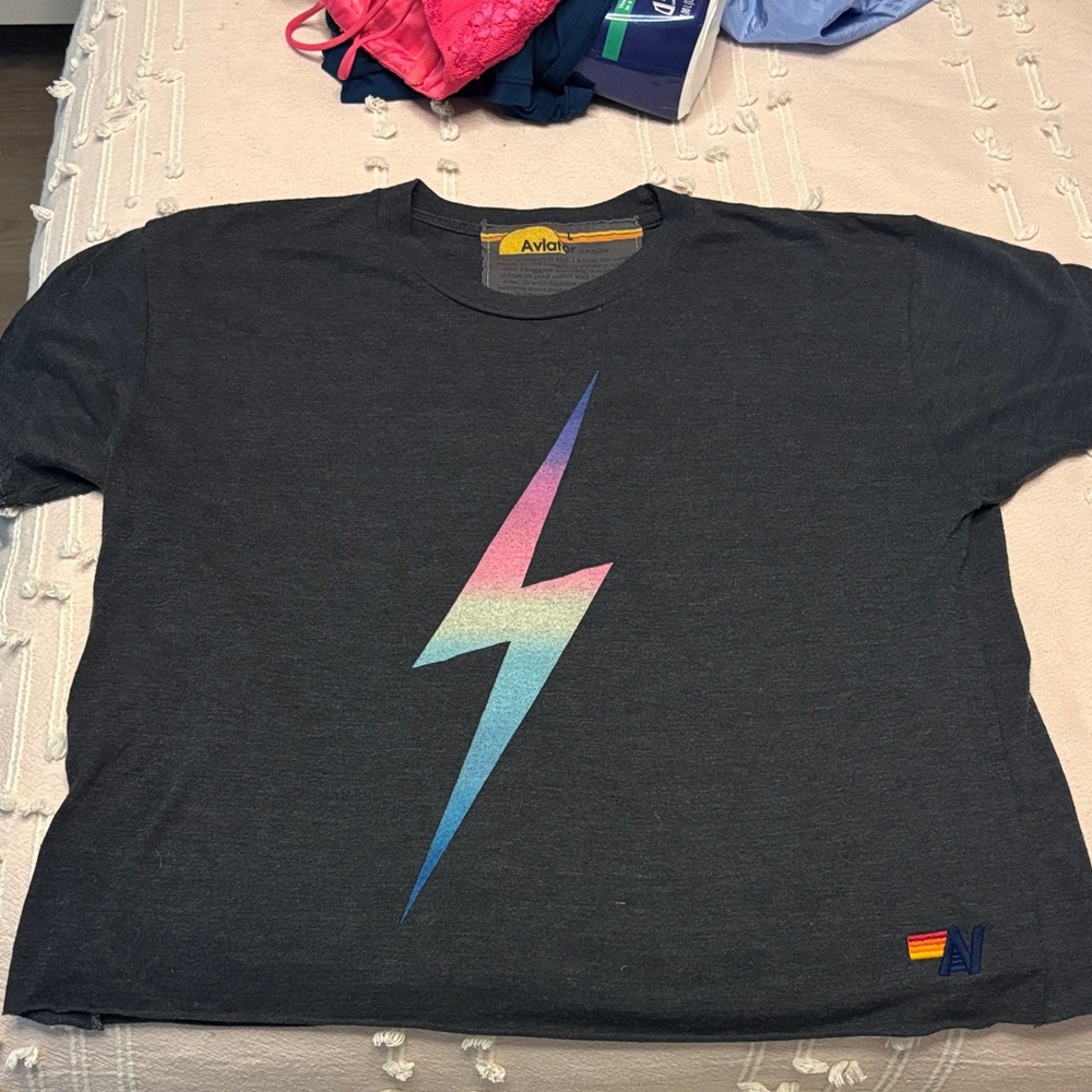 Aviator Nation Kids Black Tee with Pink-to-Blue Gradient Bolt
